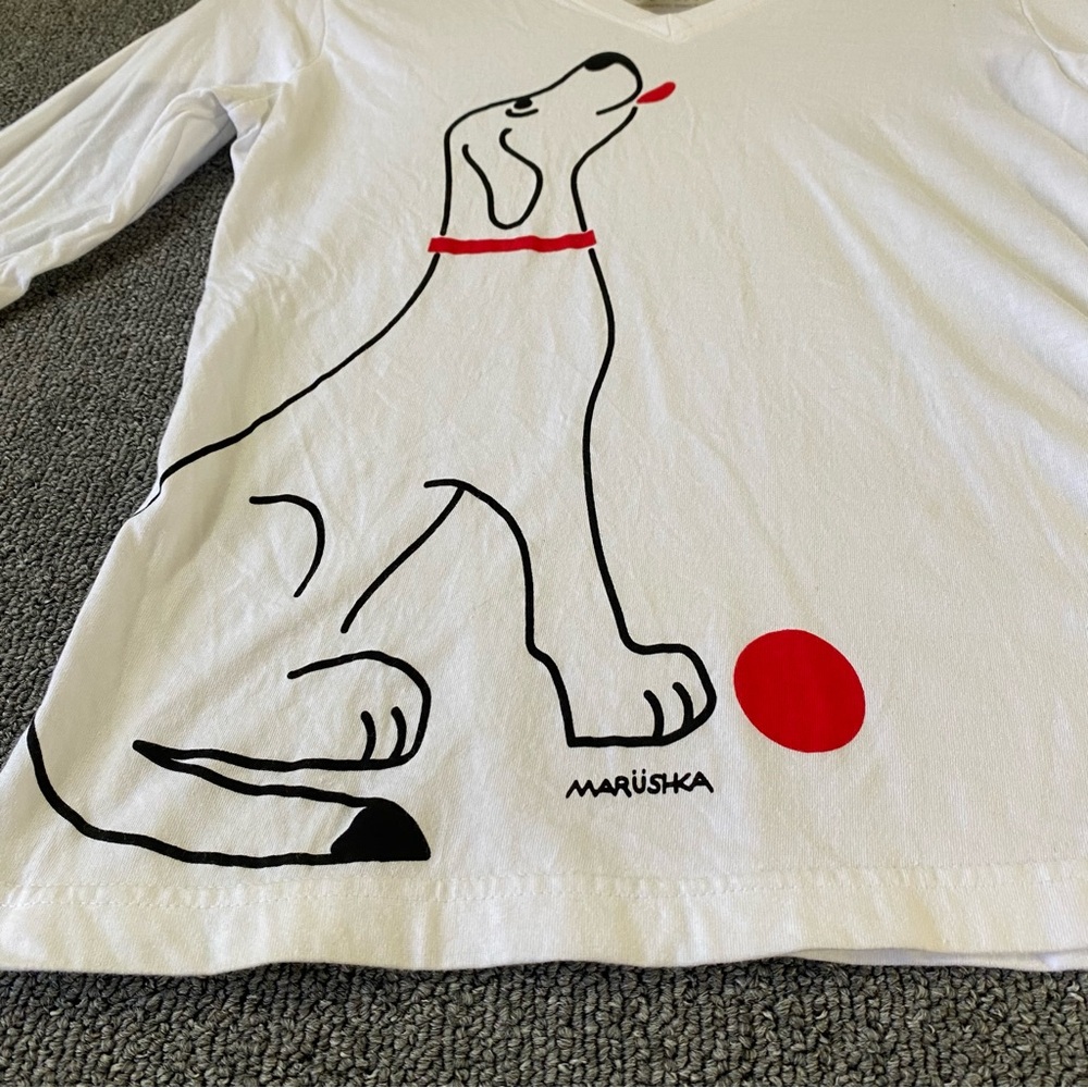 Marushka Tee White Dog V Neck Long Sleeve Hand Printed Artsy Coastal Women's S - Picture 2 of 11